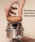 Professional Game Changer Espresso Coffee Tamper And Grounds Spinner Set Featuring Spring Loaded Leveler With Magnetic Grip for tight pucks with wooden top.