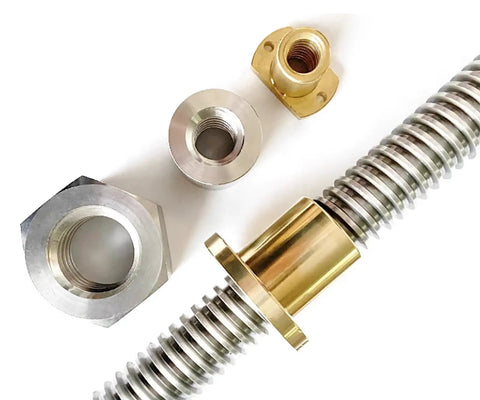 T8 Lead Screw Set with Brass Nuts, 500mm Long, 8mm Diameter, 1 Start, for 3D Printer Z Axis CNC, stainless steel lead screws close-up