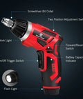 Handy Rechargeable Cordless Electric Screwdriver Set With Six Plus One Torque Gears And Quarter Inch Self Lock Chuck in red and black
