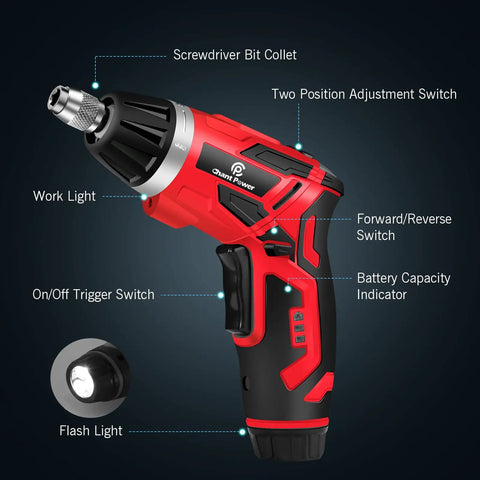 Handy Rechargeable Cordless Electric Screwdriver Set With Six Plus One Torque Gears And Quarter Inch Self Lock Chuck in red and black