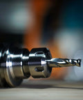 Close-up of SpeTool upcut spiral CNC router bit with 1/2 in shank and 1/2 in cutting diameter, solid carbide