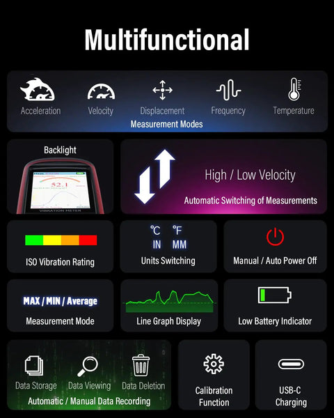 Digital Vibration Meter For Motors And HVAC Systems Pro Grade Vibration Analysis Tool Measuring Acceleration Velocity Displacement Frequency And Temperature With Wide Range Piezo Accelerometer Ideal For Engines Generators Pumps, multifunction display