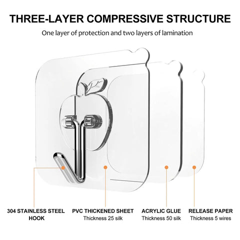Heavy Duty Adhesive Hooks Set 12 Pack Transparent Wall Hooks For Bathroom And Kitchen with three-layer compressive structure