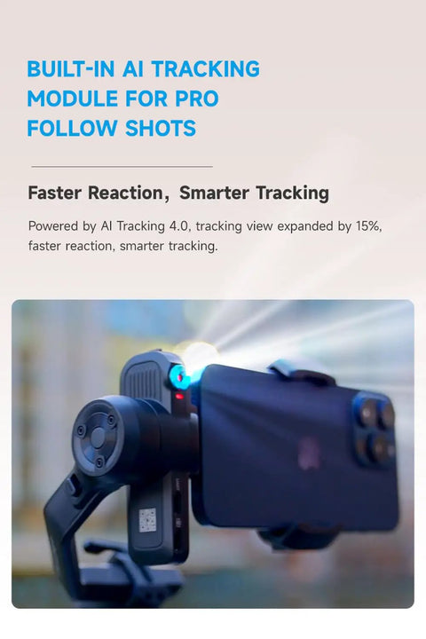 Scorp Mini 3 Gimbal Stabilizer for Smartphones with AI Tracking and iPhone mounted, showcasing pro follow shots with cooling fan active.