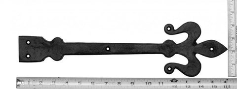 Fleur De Lis Wrought Iron Dummy Strap Hinge 16 Inch Black Decorative Hardware with ruler for size comparison