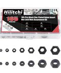 Heavy Duty Zinc Plated Nylon Lock Nuts Assortment Kit Offers Rock Solid Hex Head Stability With Secure Thread Grip Includes 165 Piece Metric Bolt Set In Seven Key Sizes M3 To M12 Stored In A Tough Resealable Case For Daily Shop Tasks - Black nylon insert hex lock nuts in assorted sizes.