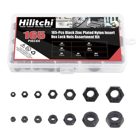 Heavy Duty Zinc Plated Nylon Lock Nuts Assortment Kit Offers Rock Solid Hex Head Stability With Secure Thread Grip Includes 165 Piece Metric Bolt Set In Seven Key Sizes M3 To M12 Stored In A Tough Resealable Case For Daily Shop Tasks - Black nylon insert hex lock nuts in assorted sizes.