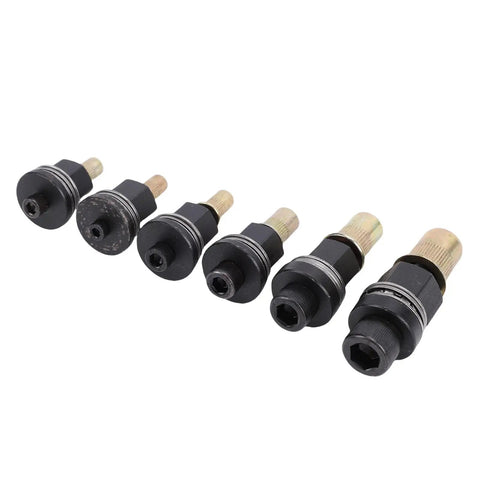 Six Piece Hand Rivet Nut Tool Mandrel Set With 10-24 To 3 8 16 Threaded Inserts For Blind Nuts displayed in line