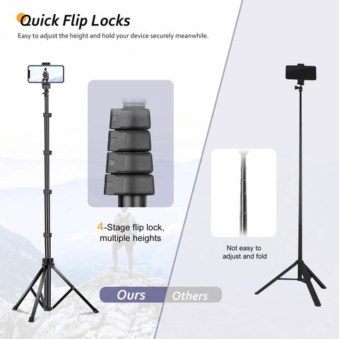 Phone Tripod Kit With Wireless Remote for Smartphones and Cameras showing quick flip locks and height adjustment comparison.