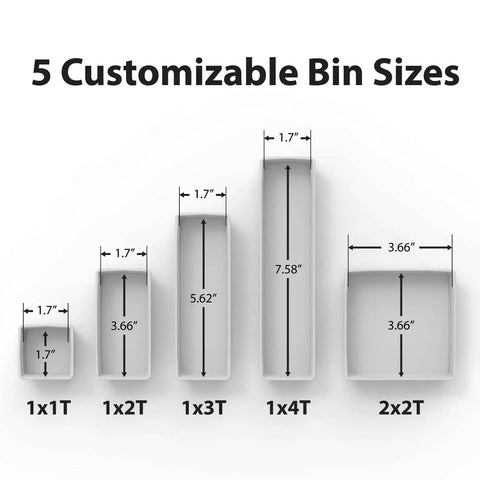 Customizable 1x1T Thin Bins For Tackle Boxes With Interlocking Seal HexLok Grid Flexible Inside Layout No Travel Bins displayed in 5 sizes