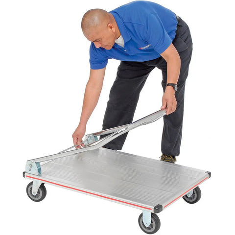 Roll Slick And Maneuver Easy Ultra Lightweight Aluminum Folding Platform Cart Features Quiet Rubber Casters With Cross Brace Handle And Vinyl Bumpers Built Solid For Warehouse Hauls