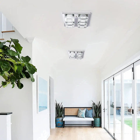 Crystal Flush Mount Chandelier With Remote Dope Modern 4 LED Square Ceiling Light in hallway, chrome finish