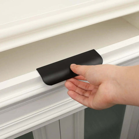 Hand holding Beefy 3 Inch Black Finger Pull Handles For Cabinets And Dresser Drawers Edge Pulls Aluminum Alloy Hardware Pack Of 100