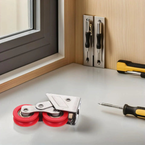 Built Tough Double Wheel Sliding Glass Door Rollers Designed For Slick Operation And Zero Friction Glide Crafted From Heavy Gauge Stainless Steel For Rock Solid Track Hardware Kits Of Two on work table with tools.