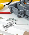 Soft Closing Frameless Cabinet Hinges Two Pack For Replacement Doors With Hydraulic Slow Close Hidden Damping Clean Modern Look Cold Rolled Steel Construction For Kitchen And Wardrobe Installations VillCase shown with tools on a white surface.