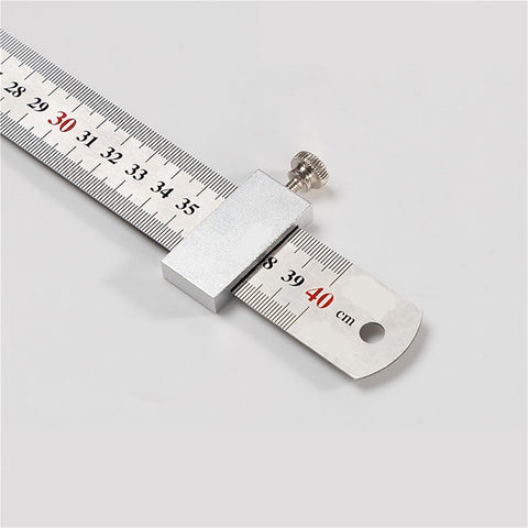 Precision Thickness Calibration Block Set Four Piece Woodworking Stop Guide featuring a metallic ruler with adjustable clamp.