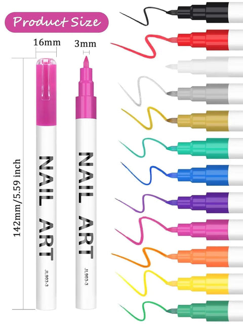 12 Color 3D Nail Art Pen Set For DIY Mani, vibrant ink pens, size 142mm x 16mm, multicolor pen tips, easy to use for designs
