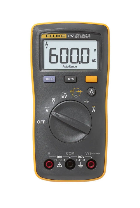 Front view of the AC And DC Current Handheld Digital Multimeter with backlit display, showing voltage reading and dial settings.