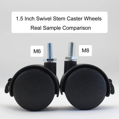 Comparison of 1.5 Inch M6 and M8 swivel stem caster wheels for Roll Like A Dream 4 Pack Of 1.5 Inch M6 Threaded Stem Swivel Caster Wheels With Locking Brakes For Hassle Free Small Furniture Roller Up To 66 Lb Load Per Wheel Set.