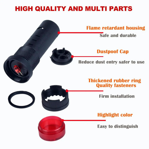 Parts of High-Performance 2-Pack 16mm 12V Intermittent Buzzer with Vibrant Red LED Flash Indicator labeled for features.