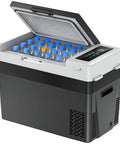 Beast Mode 32 Quart Portable Car Fridge Freezer With Rapid Compressor Cooling and Plug And Play Dual Voltage Setup with beverages.