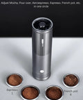 Portable Electric Coffee Burr Grinder With 50g Capacity And Magnetic Cover Aluminum Alloy Body External Adjustable Settings Ultra Quiet Brushless Motor Fast Grinding Powered By 800mAh Rechargeable Battery Black Edition For Travel And Home Use with coffee grounds for Espresso, Moka, Pour over, and French pot.