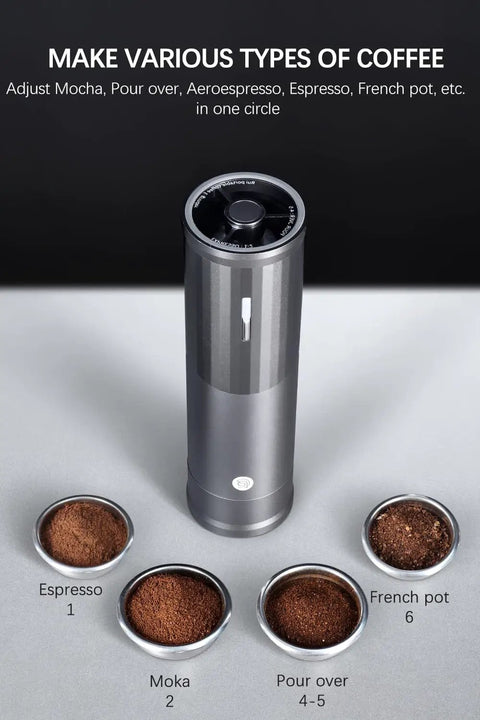 Portable Electric Coffee Burr Grinder With 50g Capacity And Magnetic Cover Aluminum Alloy Body External Adjustable Settings Ultra Quiet Brushless Motor Fast Grinding Powered By 800mAh Rechargeable Battery Black Edition For Travel And Home Use with coffee grounds for Espresso, Moka, Pour over, and French pot.