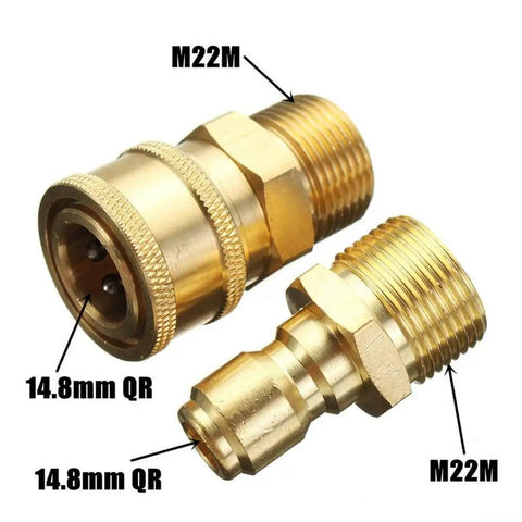 Three Eighths Inch To M22 Male Quick Release Pressure Washer Connector Copper Adapter, gold finish, two parts shown