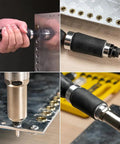Two In One Rivet Nut Tool For Drill Converts To A Rivet Gun And Rivnut Tool Kit Includes Twelve Mandrels And Four Rivet Heads Works With 18V To 24V Cordless Drills shown in use on metal panels