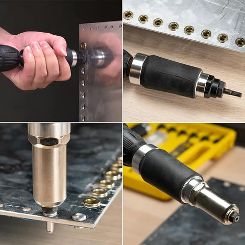 Two In One Rivet Nut Tool For Drill Converts To A Rivet Gun And Rivnut Tool Kit Includes Twelve Mandrels And Four Rivet Heads Works With 18V To 24V Cordless Drills shown in use on metal panels