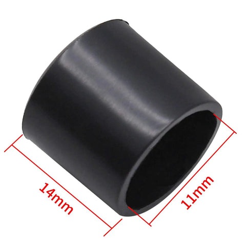 Close-up of black PVC end cap showing 14mm width and 11mm diameter from the 60 Pack Round Rubber End Caps One Half Inch Inner Diameter Vinyl Flexible Bolt Chair Foot Covers With Screw Thread For Round Tubing Desk Chair Legs Black Durable Non Slip Floor Protectors Set.
