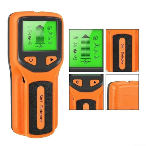 5-in-1 Stud Finder Wall Scanner with LCD Display for Wood Metal AC Wire Detection Deep Scan up to 2.36 Inch(Orange) displaying screen features.