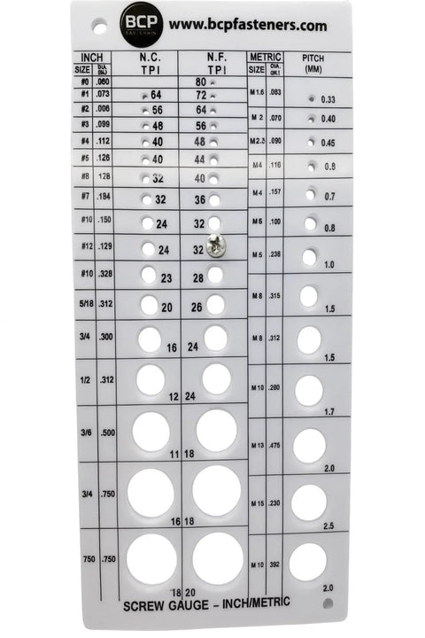 Screw thread gauge card by BCP showing inch and metric sizes, plastic front view