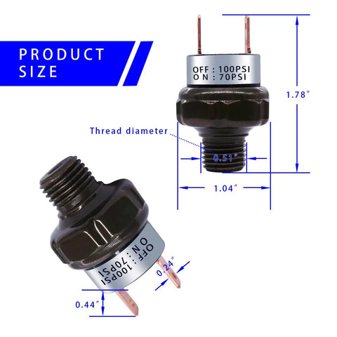 70-100 PSI Air Pressure Switch 1/4 Inch NPT Thread for DC 12V/24V or AC 110V-240V, showing size dimensions and design