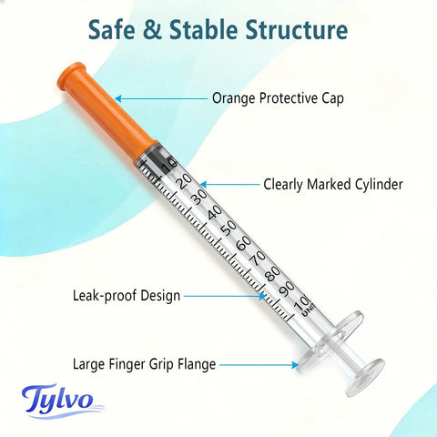 One Hand Operable 1 mL Syringes 31G Five Sixteenth Inch Needle Size Leakproof Design Clear Graduations For Easy Reading
