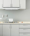 Modern kitchen with 10 Pack Brushed Nickel Cabinet Pulls 5 Inch 128mm Long Kitchen Cabinet Handles, installed on gray cabinets and drawers.