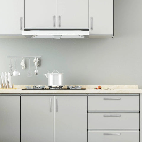 Modern kitchen with 10 Pack Brushed Nickel Cabinet Pulls 5 Inch 128mm Long Kitchen Cabinet Handles, installed on gray cabinets and drawers.