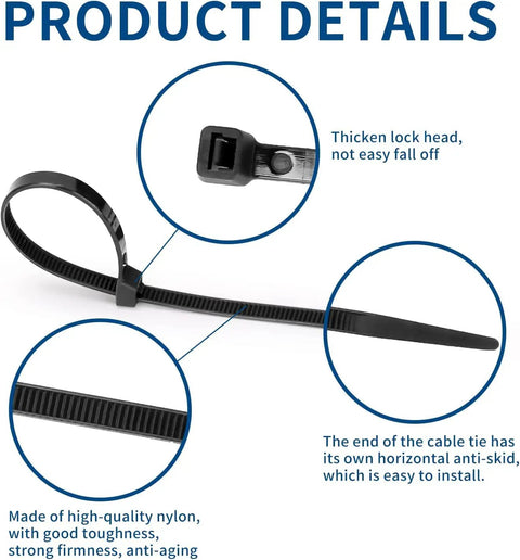 Image showing heavy duty zip ties made of Nylon 66 with 120 lb tensile strength, 12 inch length, 0.3 inch wide, UV resistant, black color.