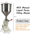 Heavy Duty Stainless Steel Manual Bottle Filler With Solid 10 Liter Hopper And Drip Free Piston Pump Adjusts From 5 To 60 Ml with dimensions.