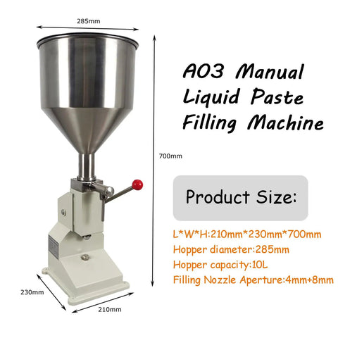 Heavy Duty Stainless Steel Manual Bottle Filler With Solid 10 Liter Hopper And Drip Free Piston Pump Adjusts From 5 To 60 Ml with dimensions.