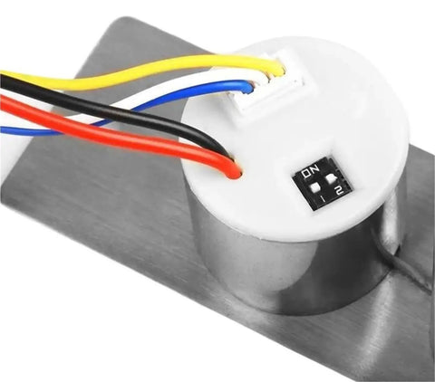 Close-up of 12V Mini Electric Bolt Lock Solenoid With Five Wire Feedback Sensor stainless steel body and wiring.