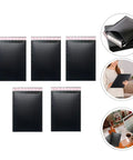 Five Pack Black Tear Resistant Bubble Pouches With Waterproof Self Adhesive Seal shown with examples of use for jewelry and small gifts
