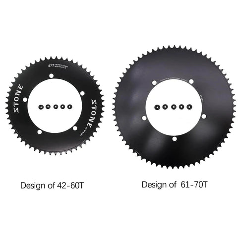 Two black bike chainrings, one 42-60T and one 61-70T, featuring Beefy Track Bike Chainring For Fixie 144BCD 1X 60 Tooth Black Aluminum 7075 T651 CNC