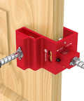 DIY Friendly Heavy Duty Door Lock Installation Kit with guide template and aluminum jig on a wooden door, showing precision clamp design