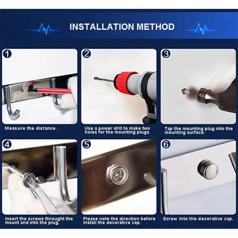 Installation steps for Wall Mounted 17 Inch Towel Rack With 7 Heavy Duty Hooks No Fuss Easy Install Coat Rail, showing tools and details.