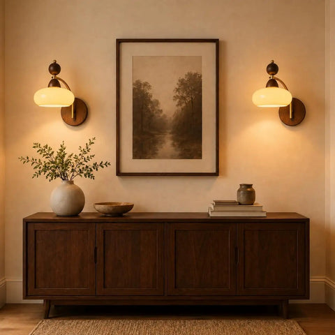Cozy living space featuring 2 Pack Rechargeable Vintage Wooden Wall Sconces RGB Battery Operated Lights beside framed art.