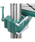 Close-up of Heavy Duty Gearhead Drill Press With Three Eighth Inch Chuck Floor Model Solid Black Finish High Power Shop Tool Built To Last
