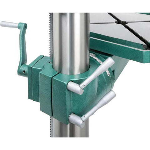 Close-up of Heavy Duty Gearhead Drill Press With Three Eighth Inch Chuck Floor Model Solid Black Finish High Power Shop Tool Built To Last