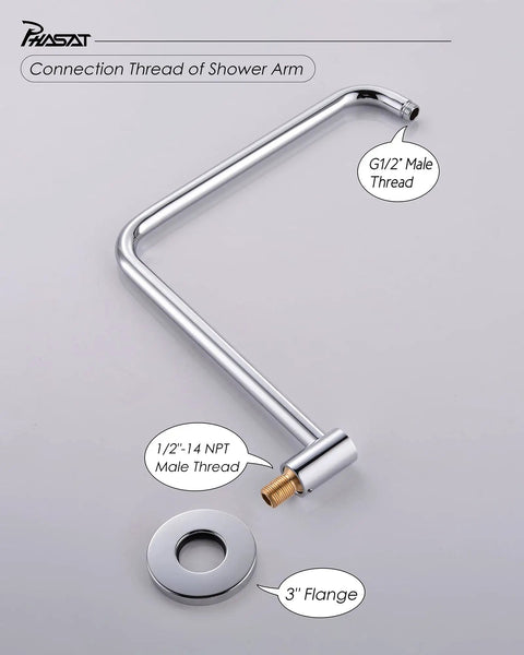 S Shaped Shower Arm Extension With Flange, High Rise 9 Inch Lift And 15 Inch Reach, All Metal 304 Stainless Steel, Chrome Finish.