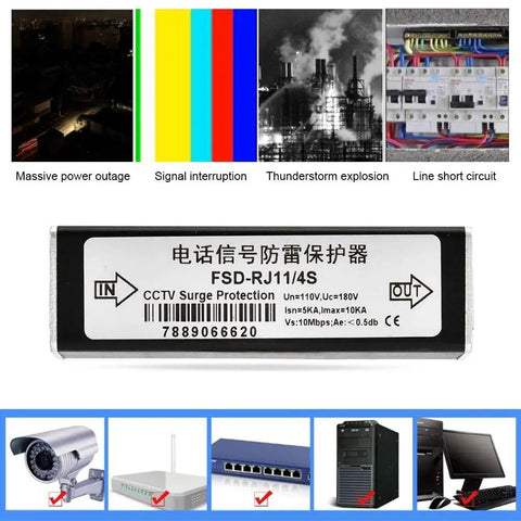 RJ11 Telephone And Fax Surge Protector With 110V Thunder Arrester And 10cm Ground Wire Metal IP20 Shield for phone line equipment